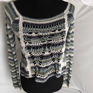 Free People Blue Bell multicolor blue green cream boho open weave sweater